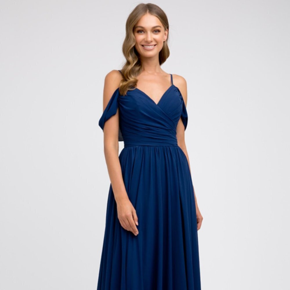 NEW LONG SLEEVELESS COLD-SHOULDER POLYESTER DRESS WITH PLEATED BODICE JT 676